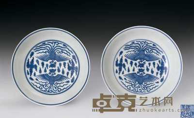 清道光 青花夔凤纹盘（一对） 直径16.7cm